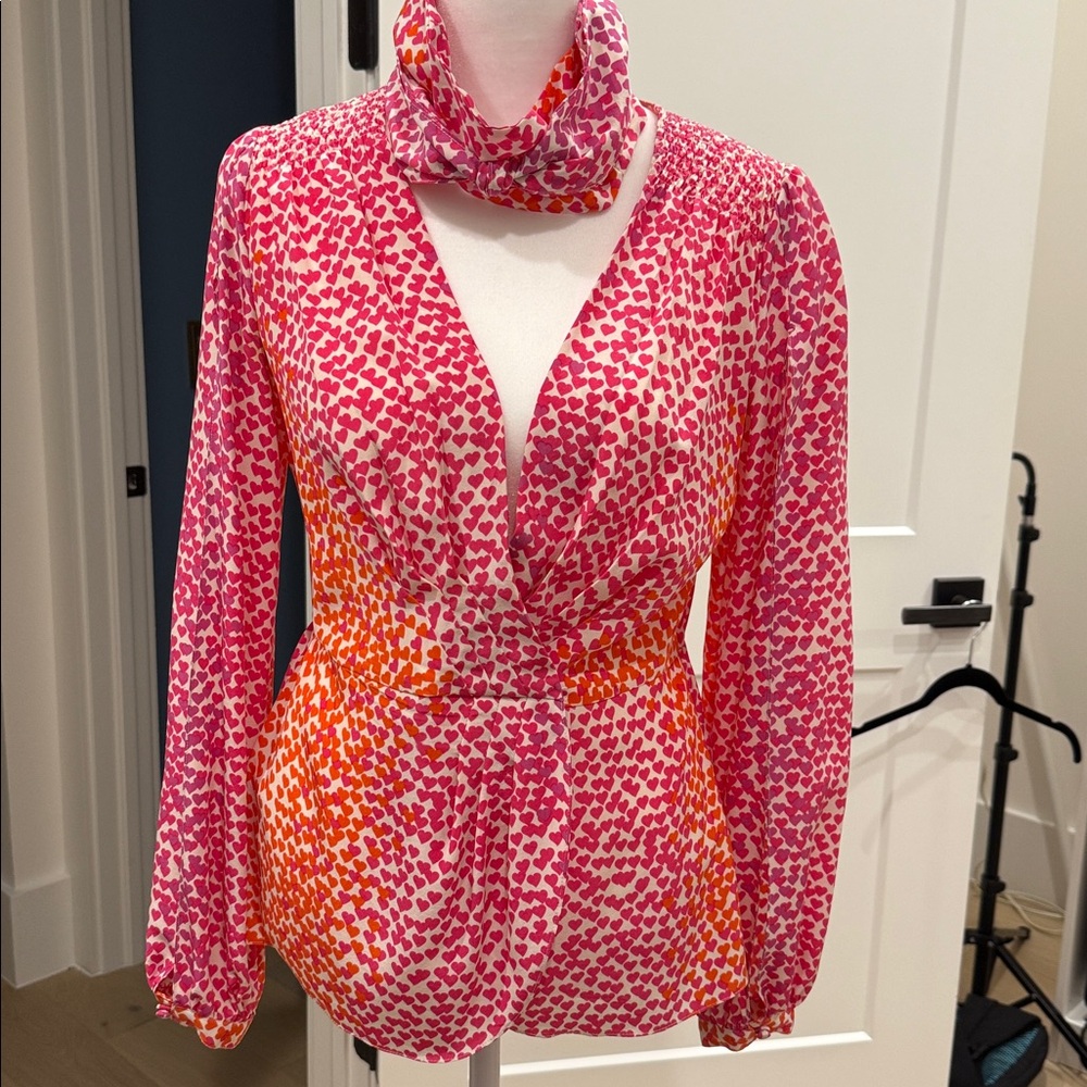 Pink and Orange 100%Silk Heart Patterned Blouse with matching head band